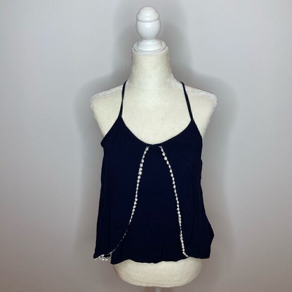 Maurices, Navy Boho Tank Crochet Lace Trim Sleeveless Spaghetti Strap Top Medium - Picture 1 of 10